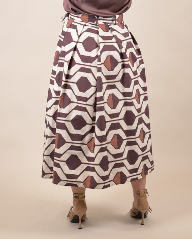 Gonna midi con stampa geometrica marrone