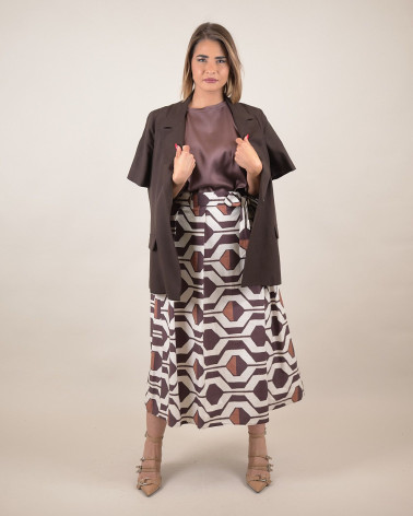 Gonna midi con stampa geometrica marrone