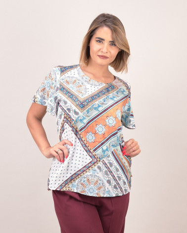 Blusa manica corta con stampa foulard in viscosa