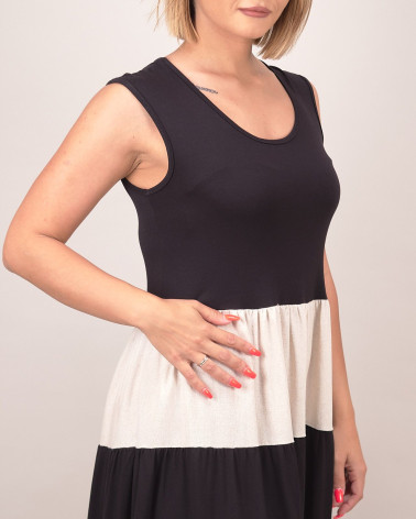 Abito smanicato bicolor con fascia ricamata