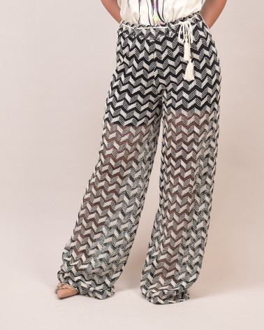Pantaloni palazzo traforati con motivo zig-zag