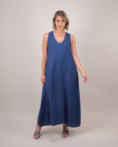 Abito lungo svasato in viscosa blu