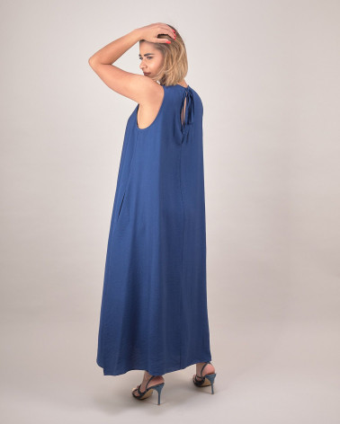 Abito lungo svasato in viscosa blu