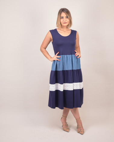 Abito midi smanicato con inserti in sangallo