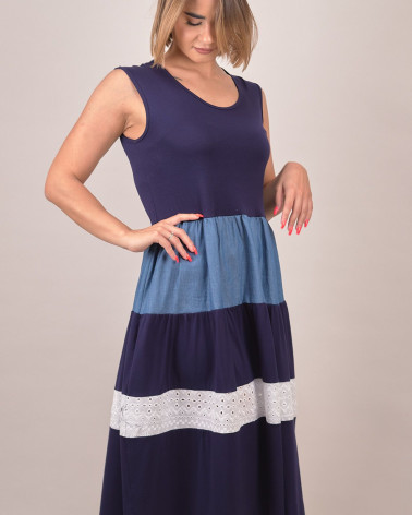 Abito midi smanicato con inserti in sangallo