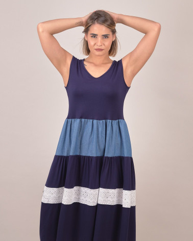 Abito midi smanicato con inserti in sangallo