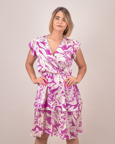 Abito corto fantasia con scollo a portafoglio