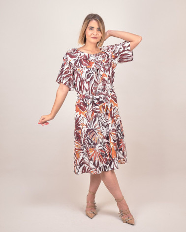 Abito midi con scollo arricciato e fantasia