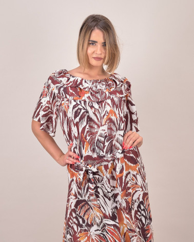 Abito midi con scollo arricciato e fantasia