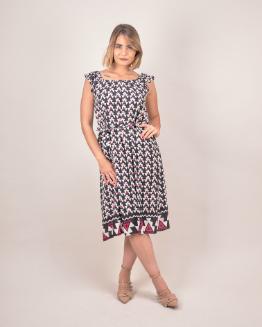 Abito con stampa geometrica e scollo arricciato