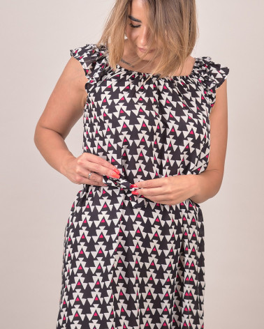 Abito con stampa geometrica e scollo arricciato