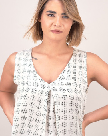 Top smanicato in viscosa con fantasia a pois