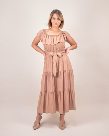 Abito lungo con balze e scollo arricciato