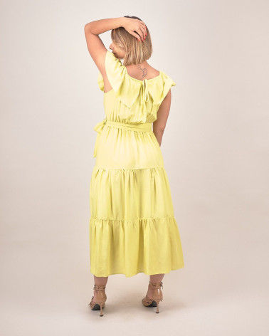 Abito lungo con balze e scollo arricciato