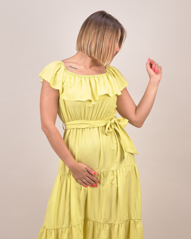 Abito lungo con balze e scollo arricciato