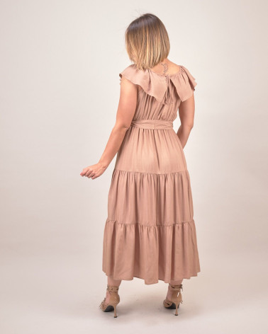 Abito lungo con balze e scollo arricciato