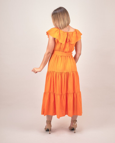 Abito lungo con balze e scollo arricciato