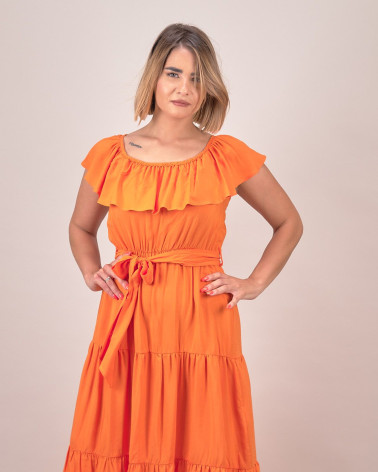 Abito lungo con balze e scollo arricciato