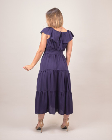 Abito lungo con balze e scollo arricciato