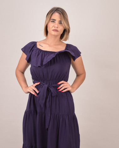 Abito lungo con balze e scollo arricciato