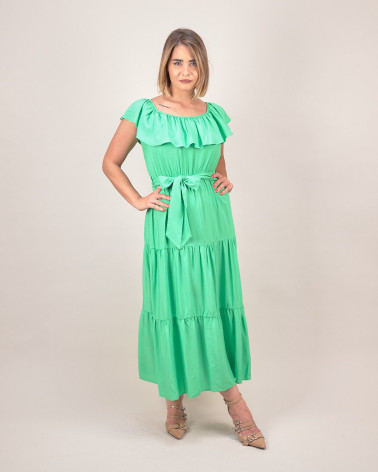 Abito lungo con balze e scollo arricciato