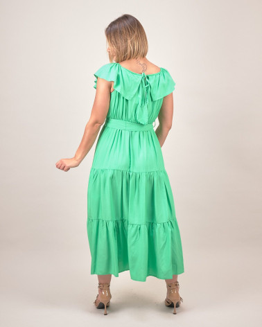 Abito lungo con balze e scollo arricciato