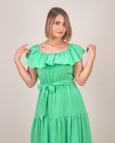 Abito lungo con balze e scollo arricciato