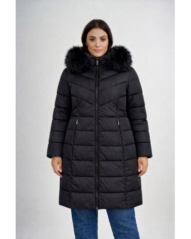 Piumino lungo con cappuccio e bordo in eco pellicc