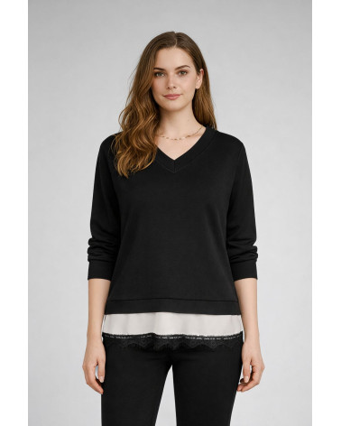 Maglia con scollo a V e fondo a contrasto con pizz