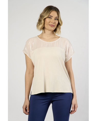 T-shirt beige con inserto in paillettes