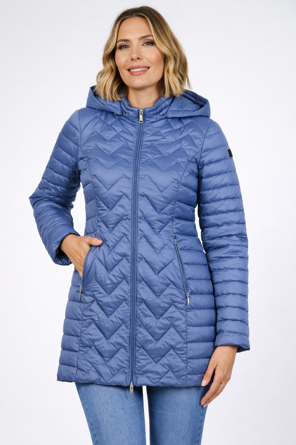 Piumino leggero lungo trapuntato con cappuccio|Colore:Jeans