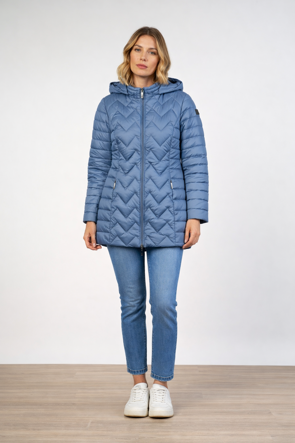 Piumino leggero lungo trapuntato con cappuccio|Colore:Jeans