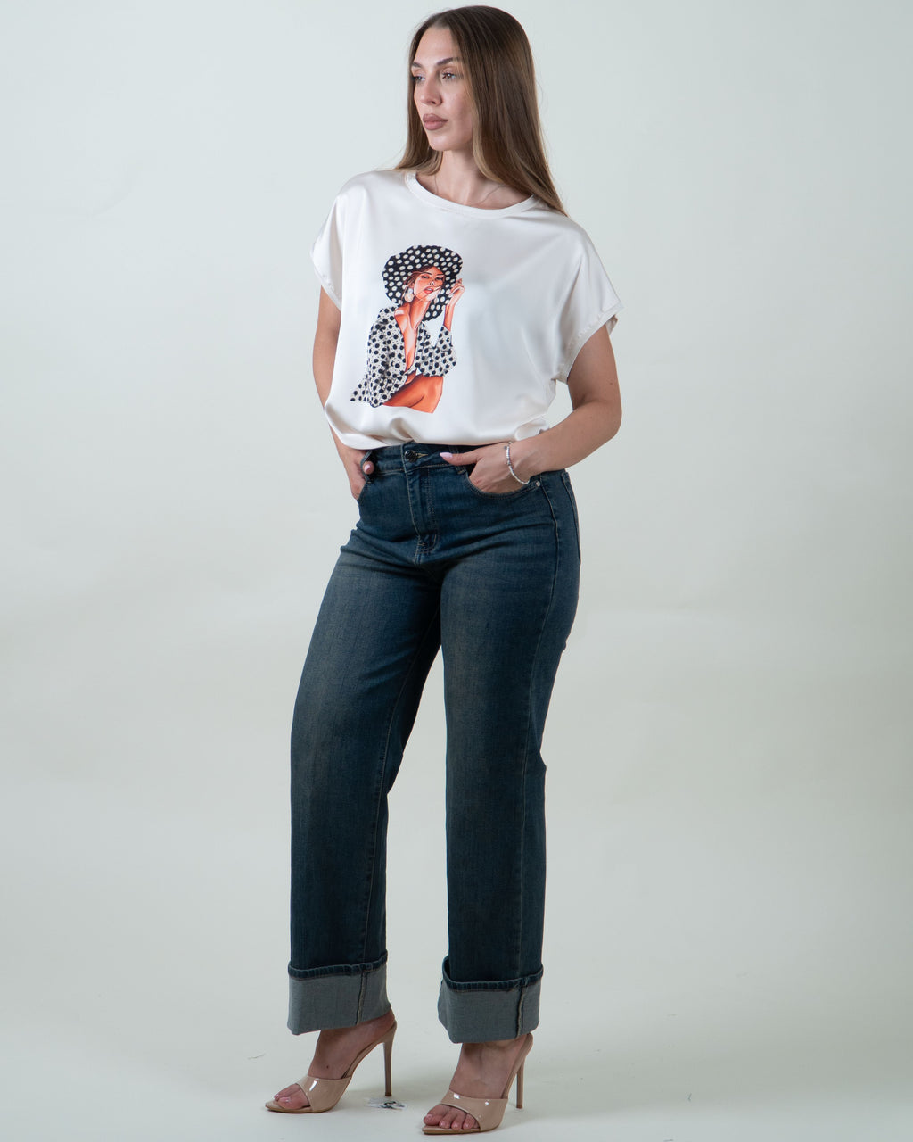 Jeans Cropped con Risvolto Effetto Sabbiato|Colore:Jeans