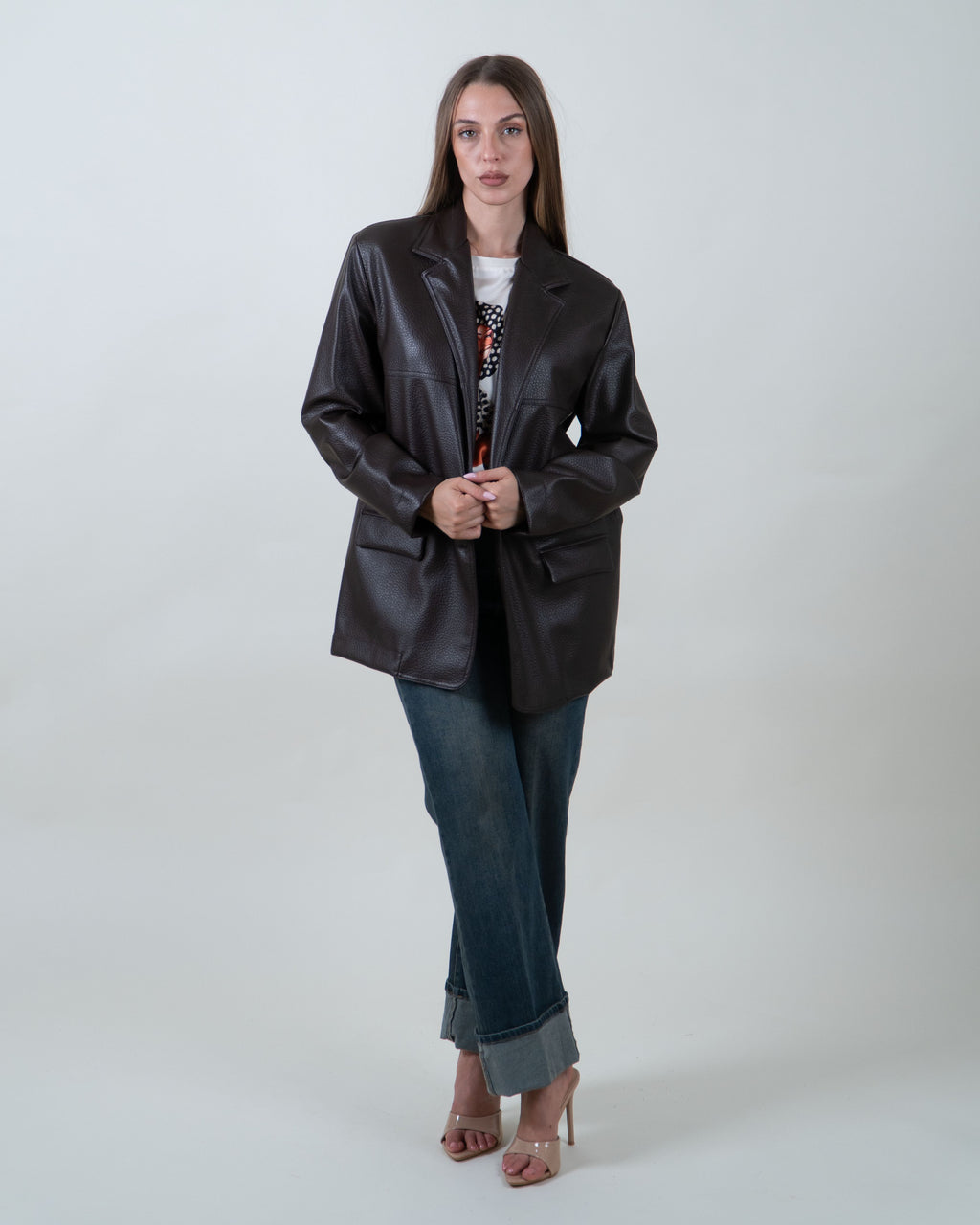 Blazer Oversize Effetto Pelle Testurizzata|Colore:Moro