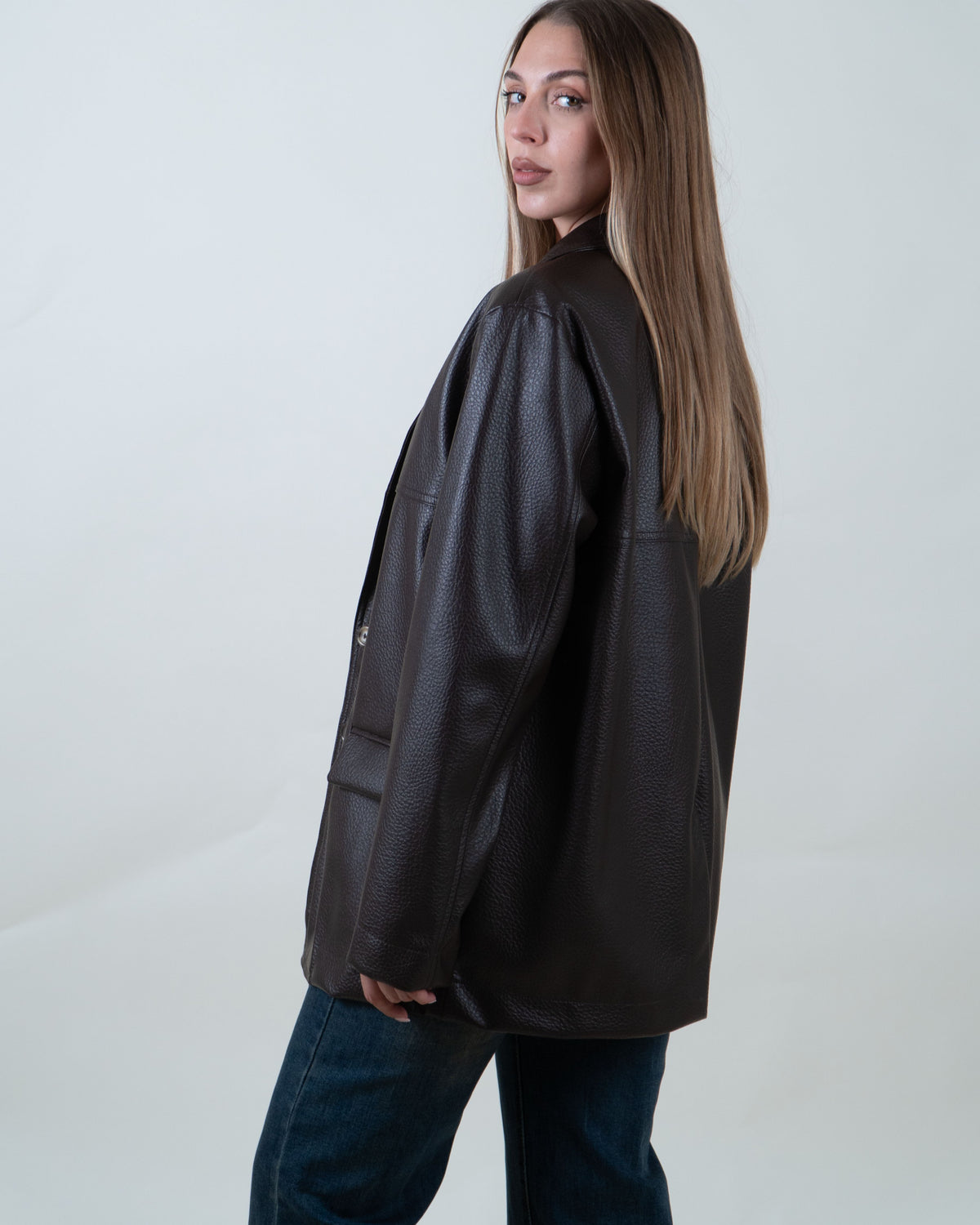 Blazer Oversize Effetto Pelle Testurizzata|Colore:Moro