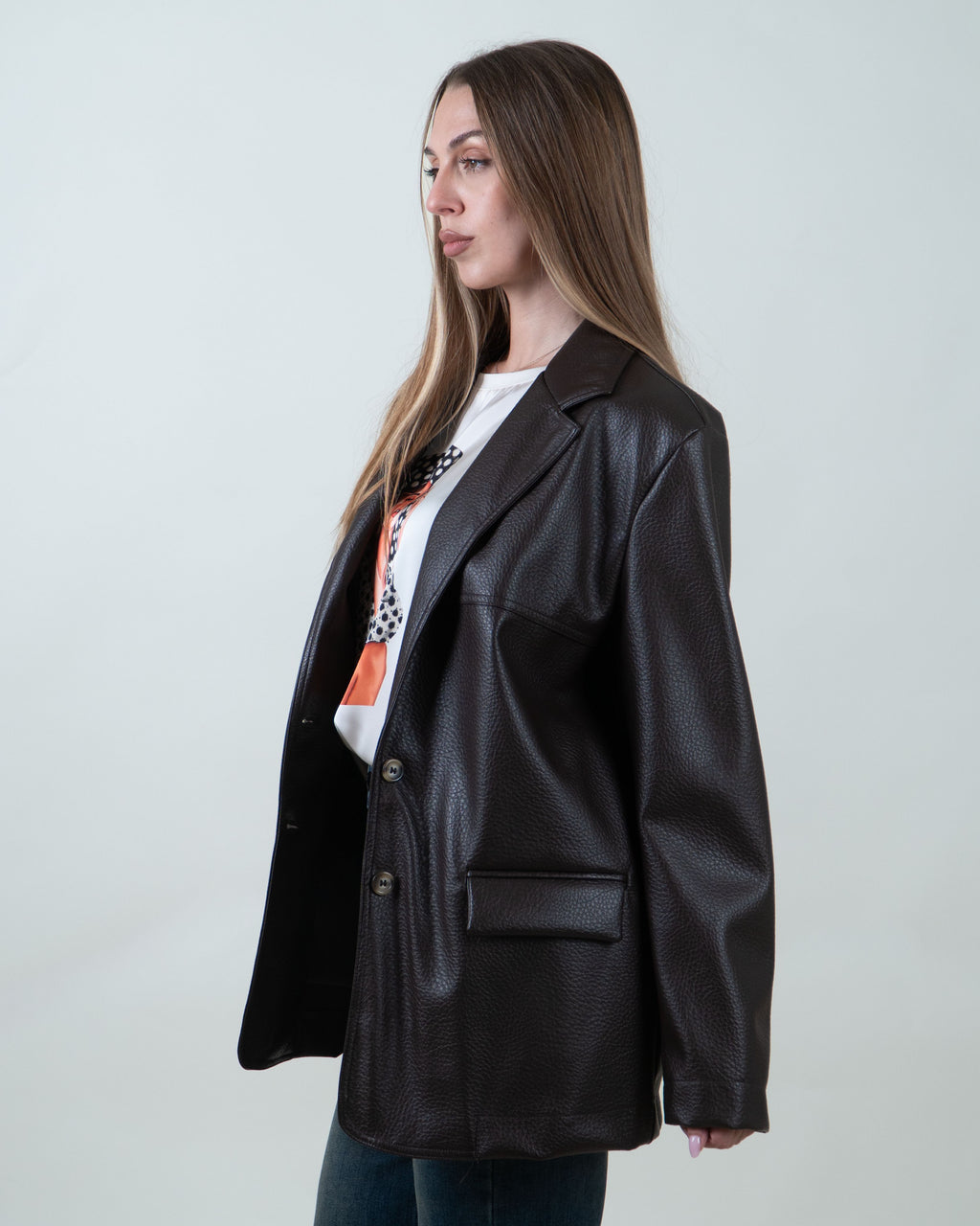Blazer Oversize Effetto Pelle Testurizzata|Colore:Moro