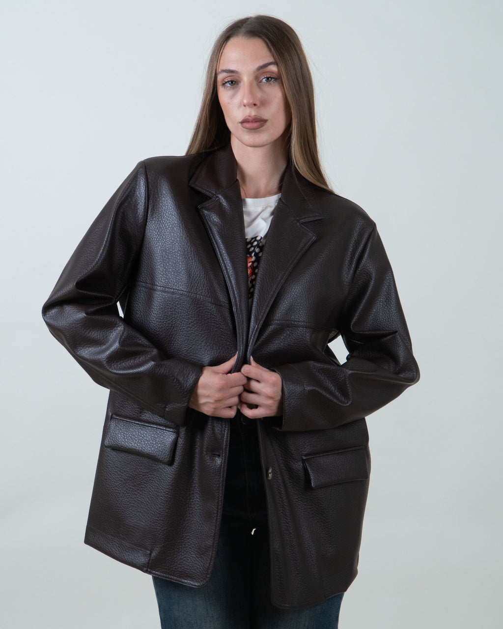 Blazer Oversize Effetto Pelle Testurizzata|Colore:Moro
