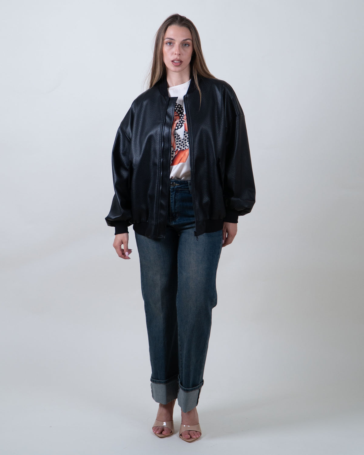 Bomber nero oversize in effetto pelle|Colore:Nero