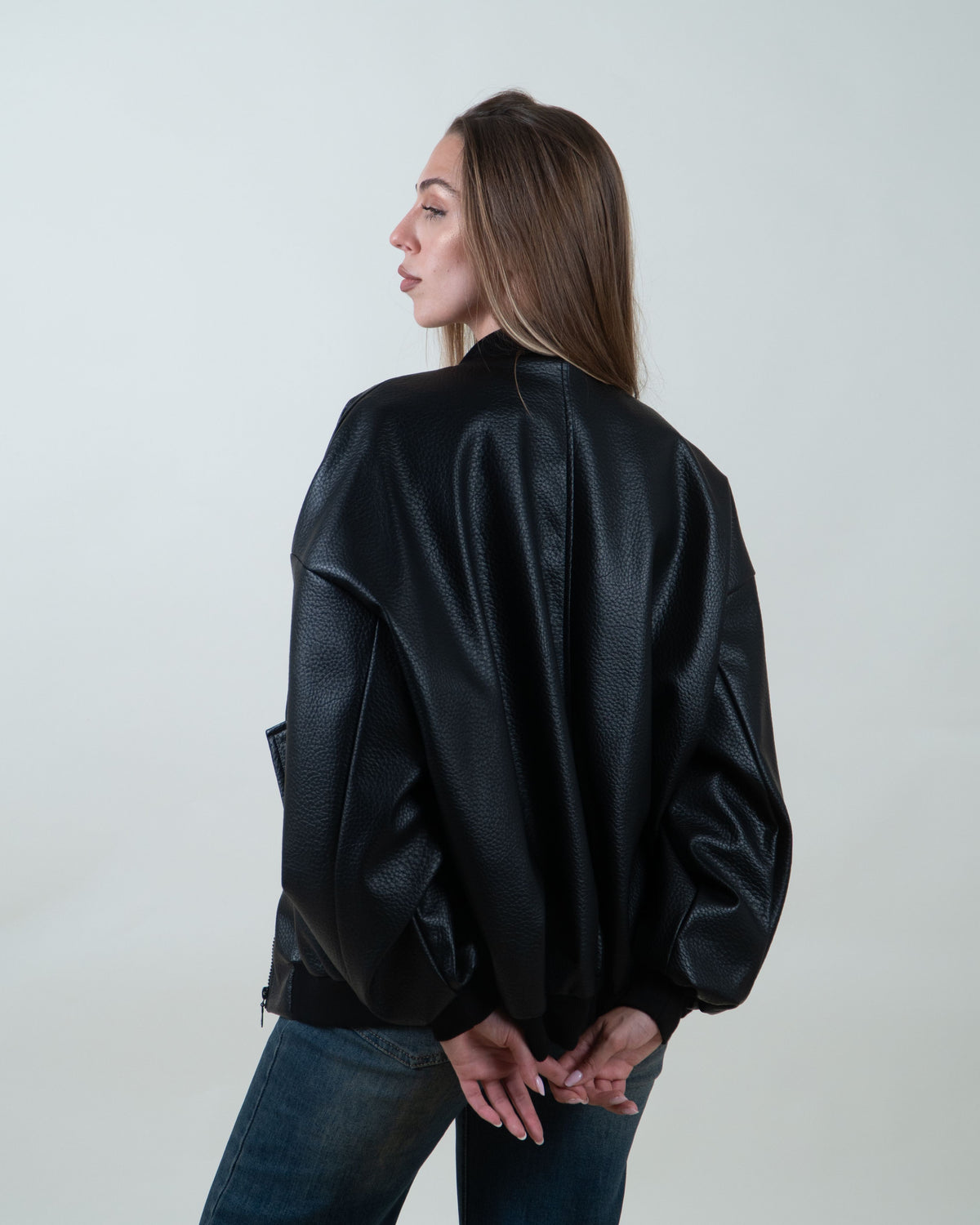 Bomber nero oversize in effetto pelle|Colore:Nero