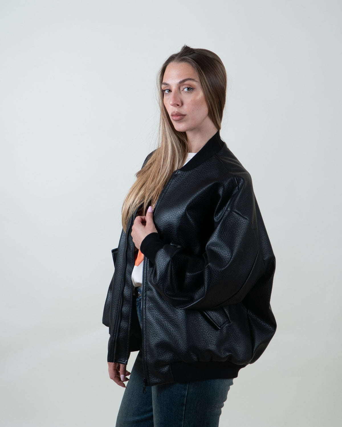 Bomber nero oversize in effetto pelle|Colore:Nero