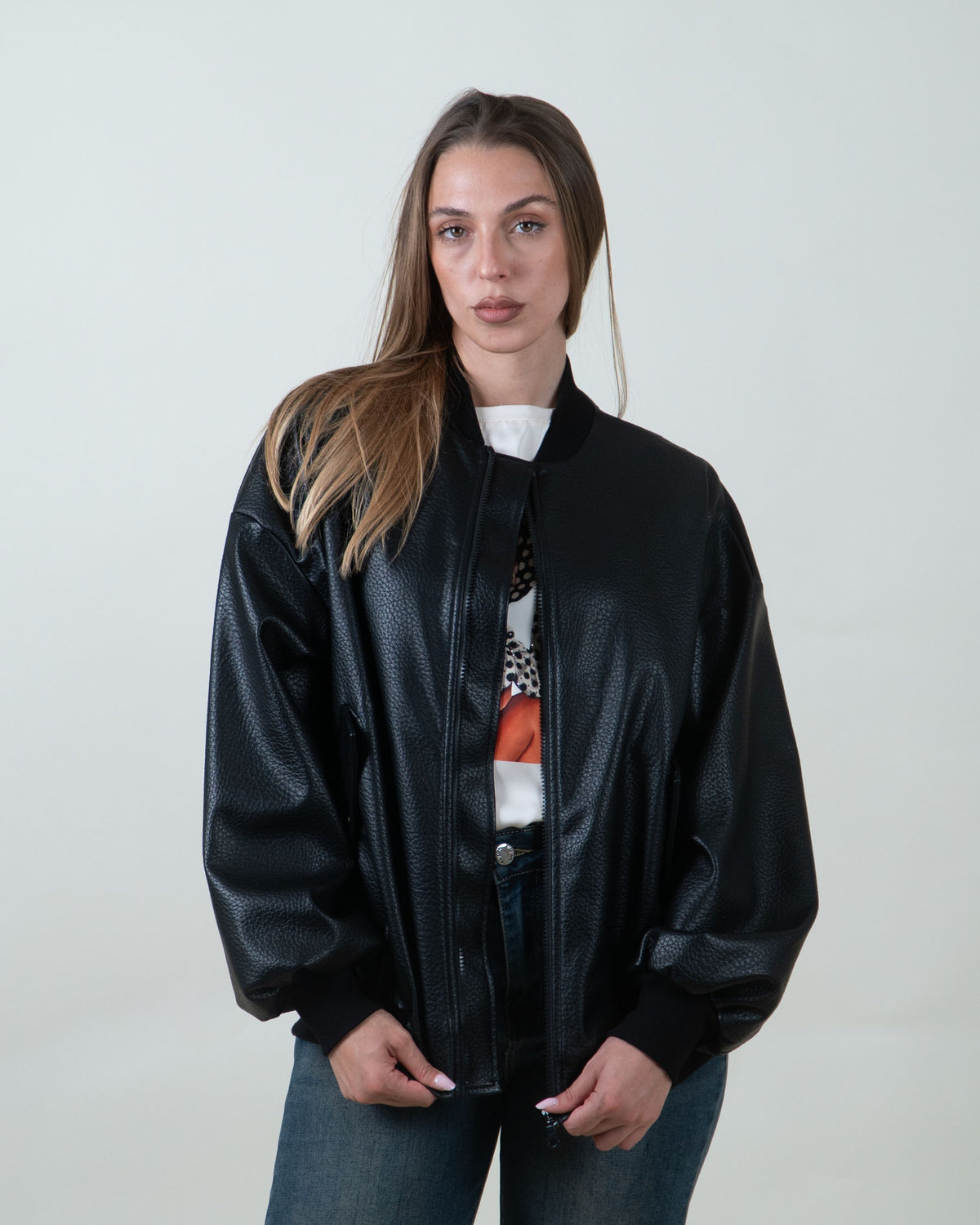 Bomber nero oversize in effetto pelle|Colore:Nero