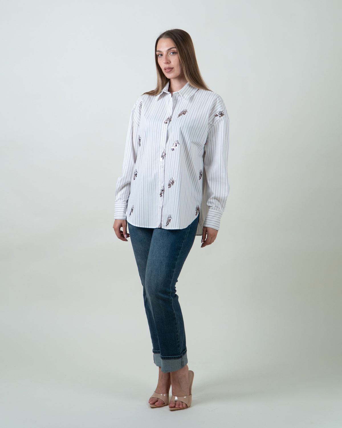 Camicia a righe con applicazioni di paillettes|Colore:Moro