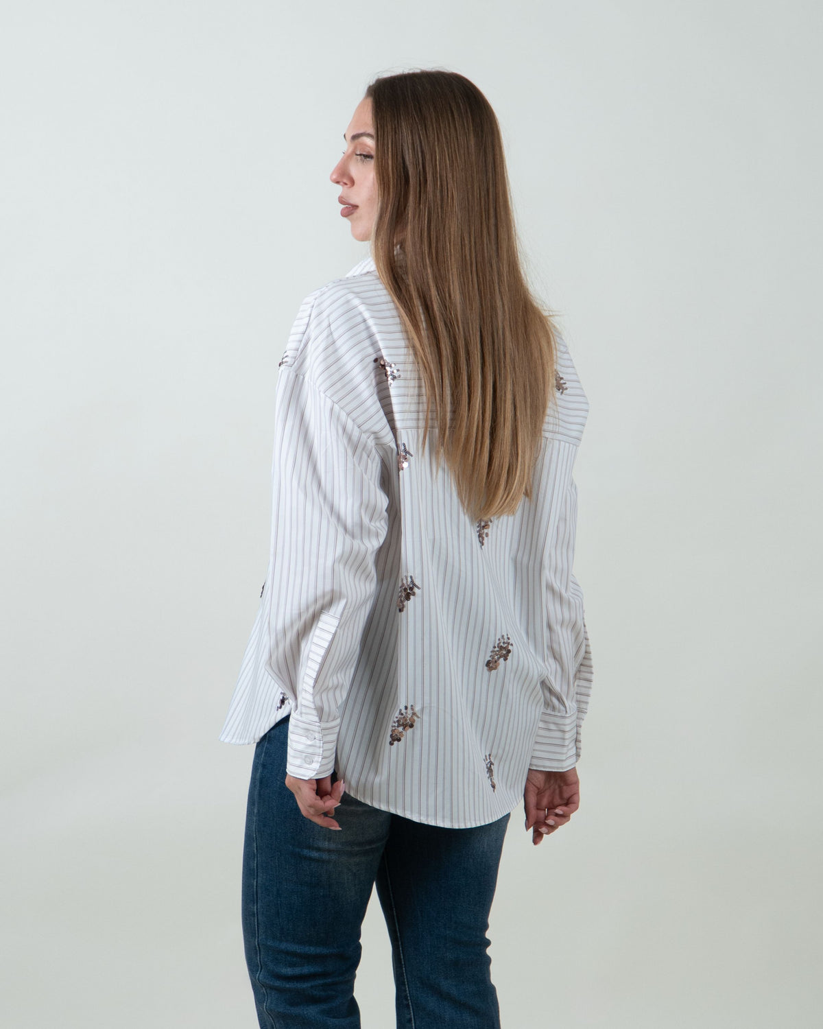 Camicia a righe con applicazioni di paillettes|Colore:Moro