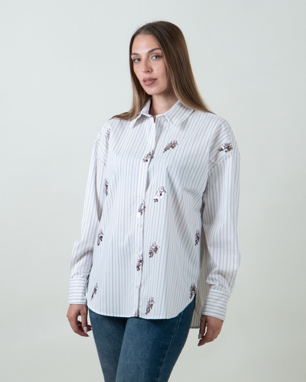 Camicia a righe con applicazioni di paillettes|Colore:Moro
