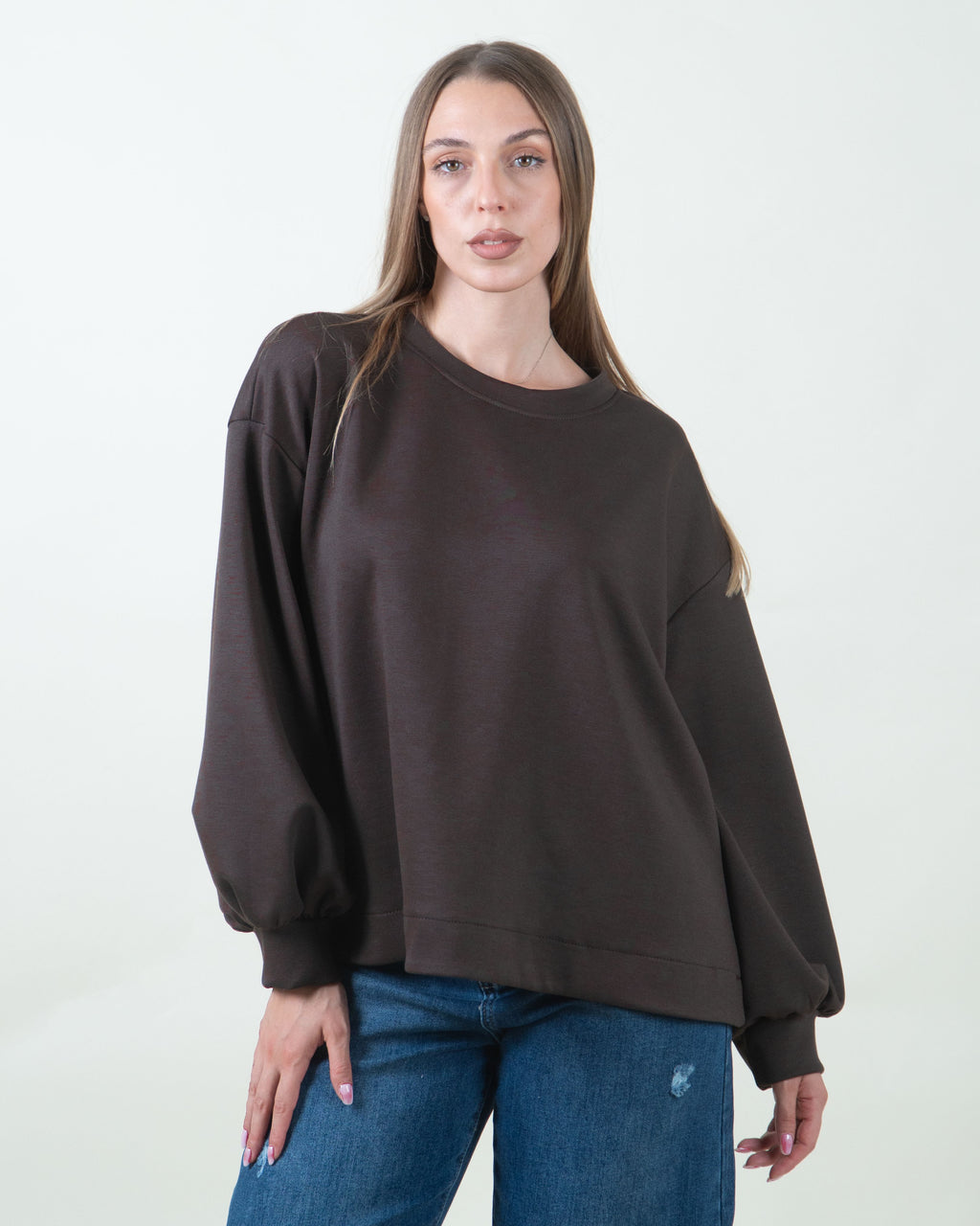 Felpa girocollo con maniche ampie|Colore:Moro