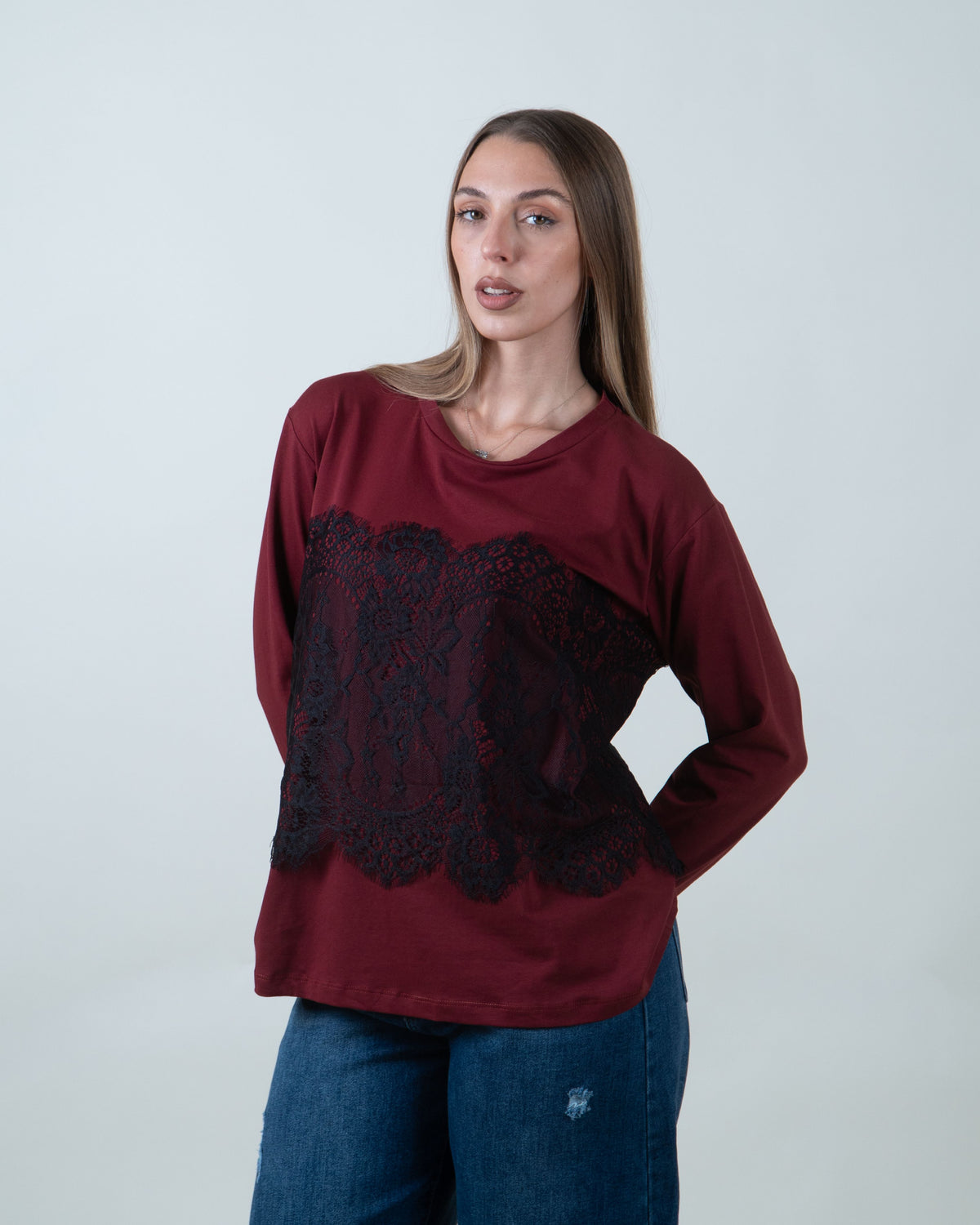 Maglia con inserto in pizzo|Colore:Bordeaux