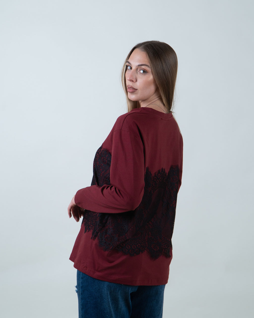 Maglia con inserto in pizzo|Colore:Bordeaux
