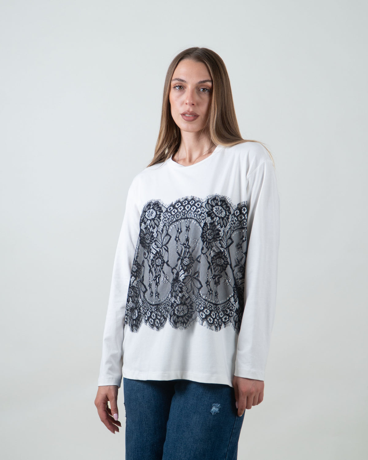 Maglia con inserto in pizzo|Colore:Panna