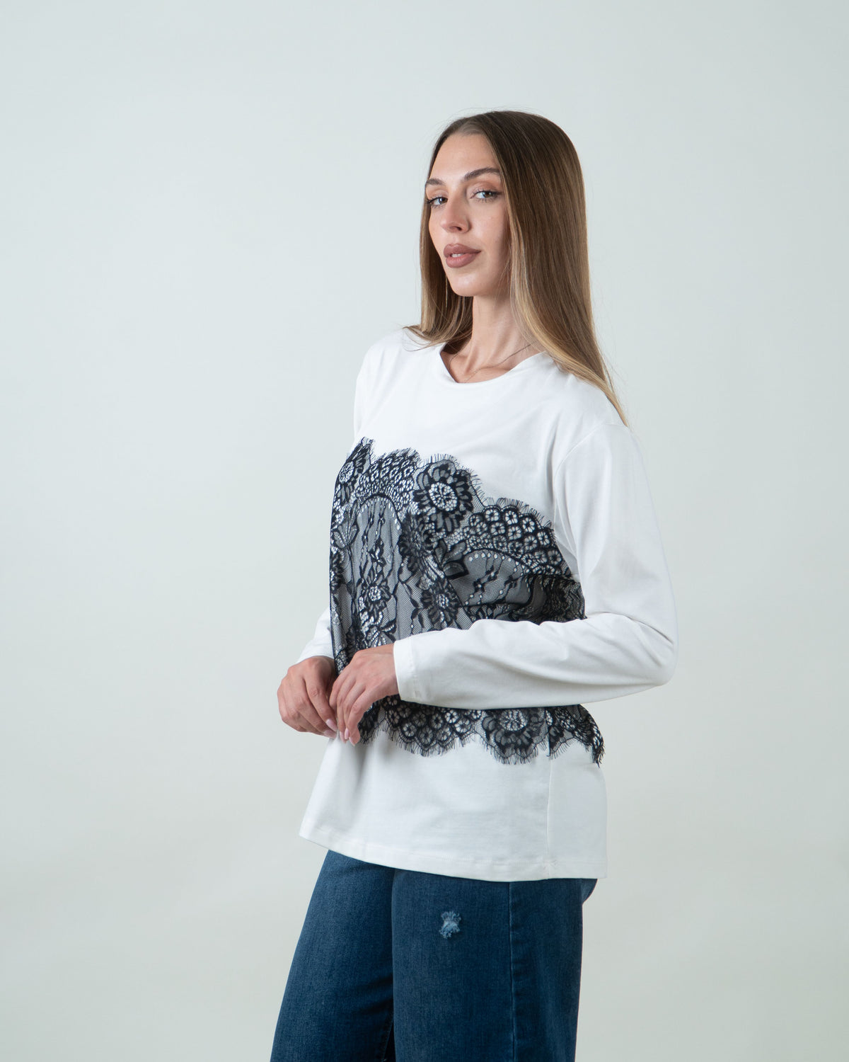 Maglia con inserto in pizzo|Colore:Panna