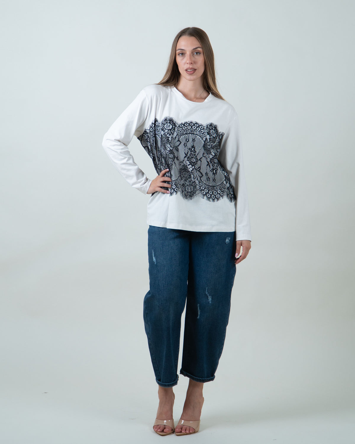 Maglia con inserto in pizzo|Colore:Panna